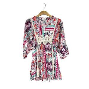 Umgee Bright Floral Crochet Lace Peasant Style Flowy Boho Top Womens Small